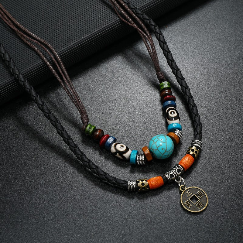 Wholesale Vintage Style Multi-layer Turquoise Beaded Braided Leather Necklace ACC-NE-Saih004