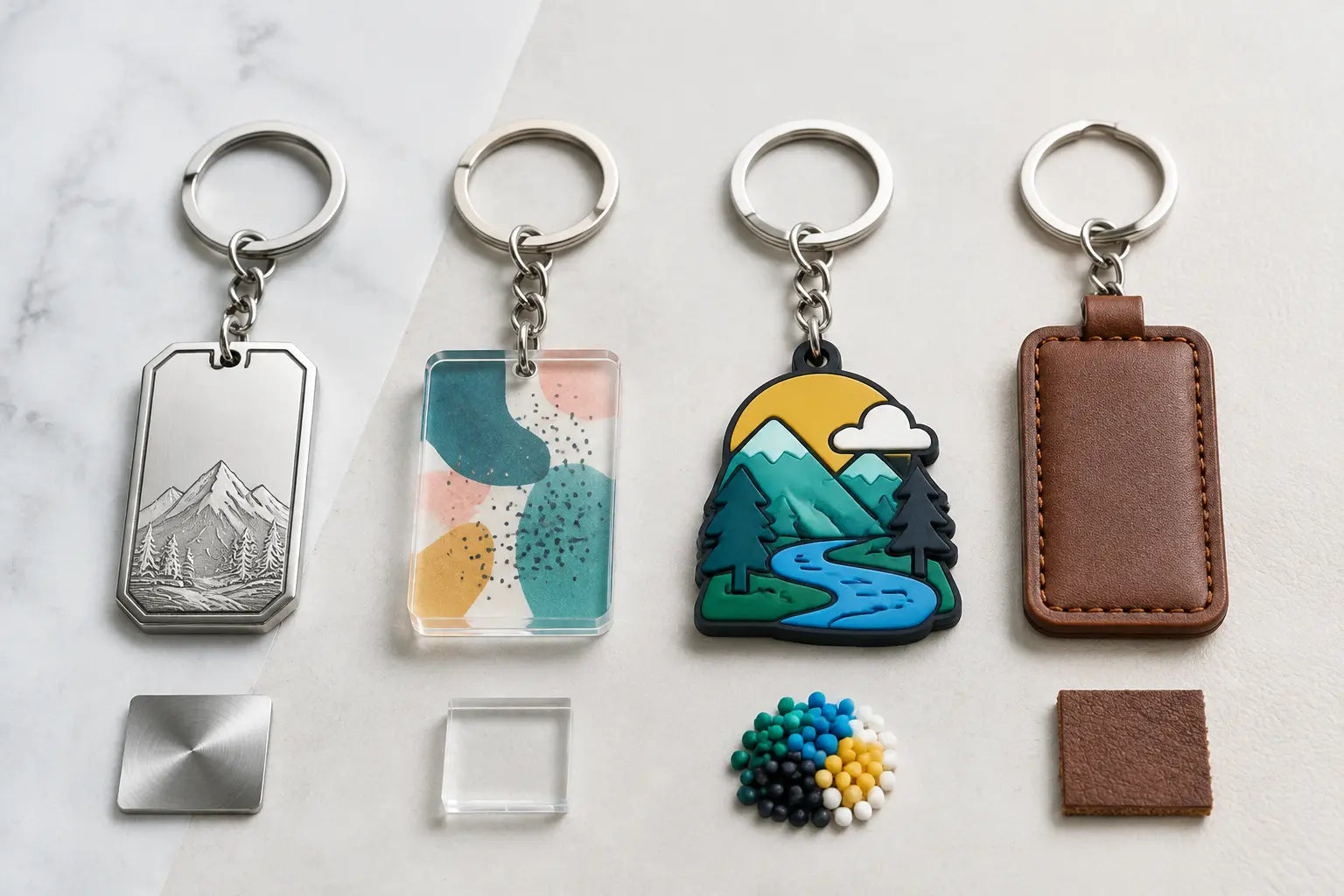 bulk keychains material comparison for custom metal acrylic PVC and leather products