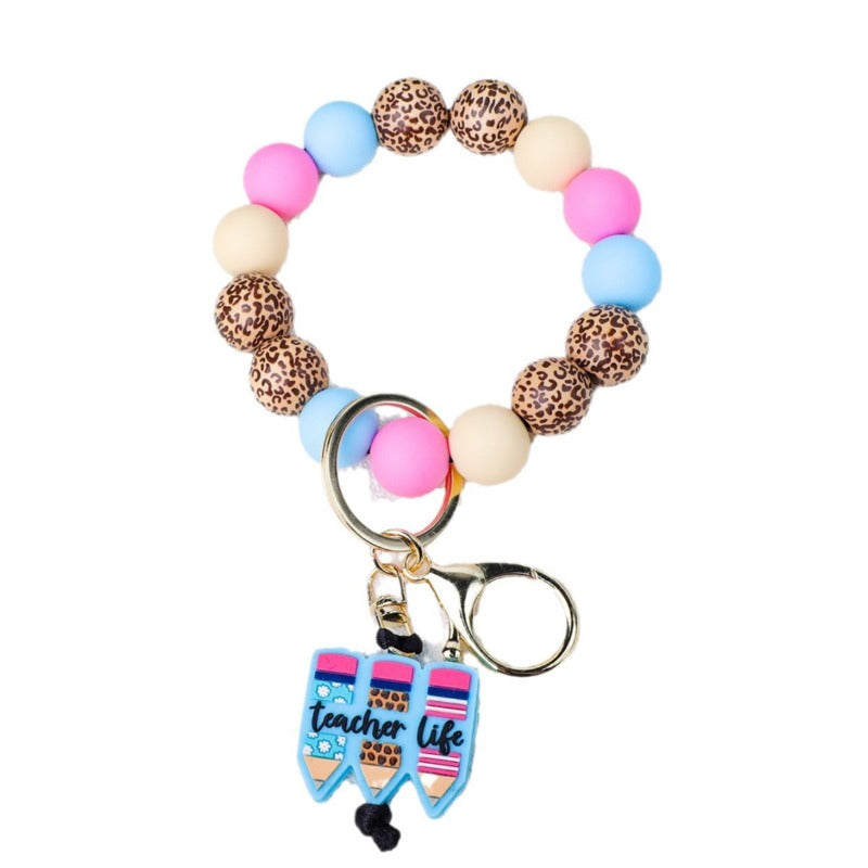 Wholesale Teacher's Day Pencil Silicone Leopard Wood Beads Beaded Keychain ACC-KC-JiuYa009
