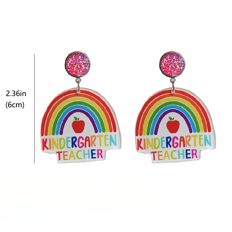 Wholesale 2 Pairs/pack Rainbow Apple Leopard Print Glitter Acrylic Earrings Teacher's Day ACC-ES-HY021