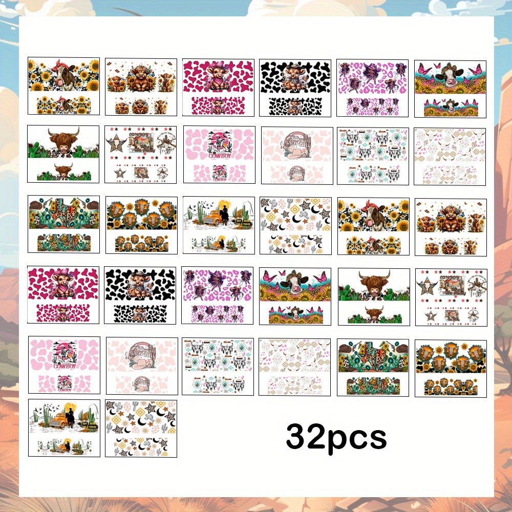 32pcs Western Style UV DTF Wraps Rub on Transfer Stickers 8 Different Style for Mini Tumbler Cup Keychains Accessories DIY Gift Cup Sticker Gift