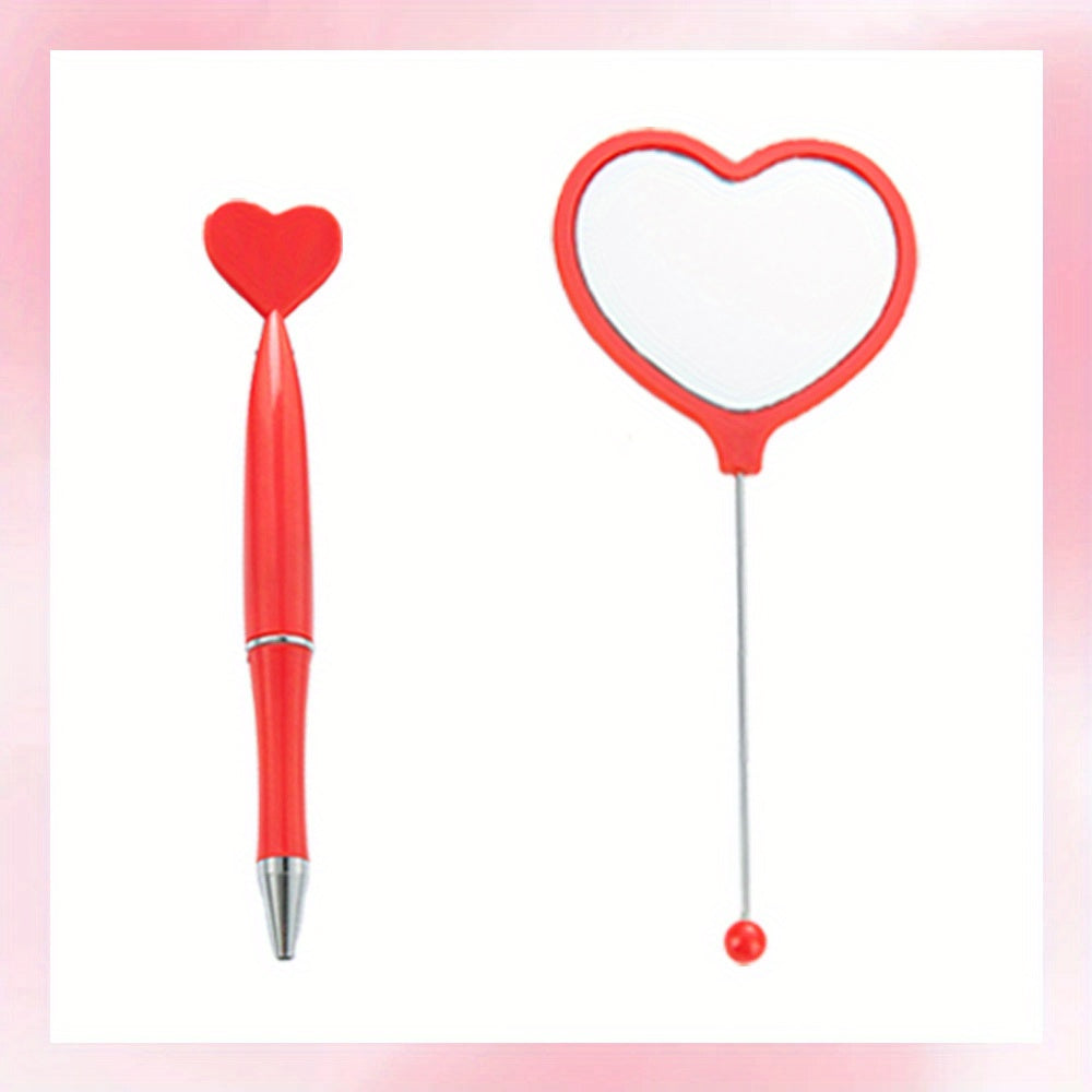 2pcs/set DIY Beadable Handle Mirror and Heart Shaped Pen Combination DIY Gift Office Gift Random Makeup Mirror