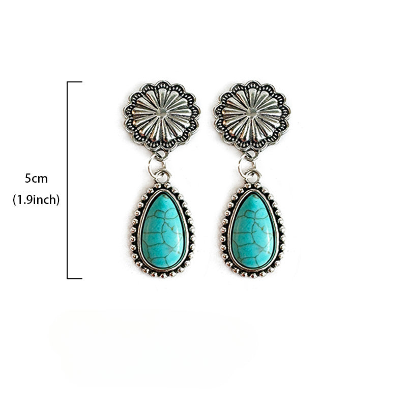 Wholesale Western Style Cow Head Sunflower Inlaid Turquoise Metal Earrings ACC-ES-XinChuan014