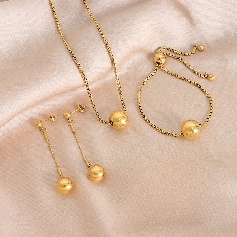 Wholesale Gold Titanium Steel Long Small Gold Ball Pendant Earrings ACC-ES-QiYun002