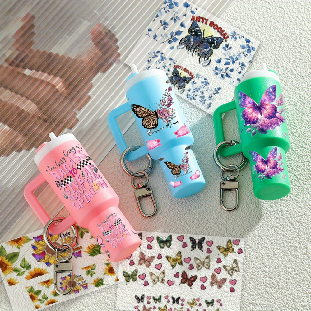 16pcs Butterfly UV DTF Cup Wraps Rub on Transfer Stickers for Mini Tumbler Cup Keychains Accessories DIY Gift Cup Sticker Gift