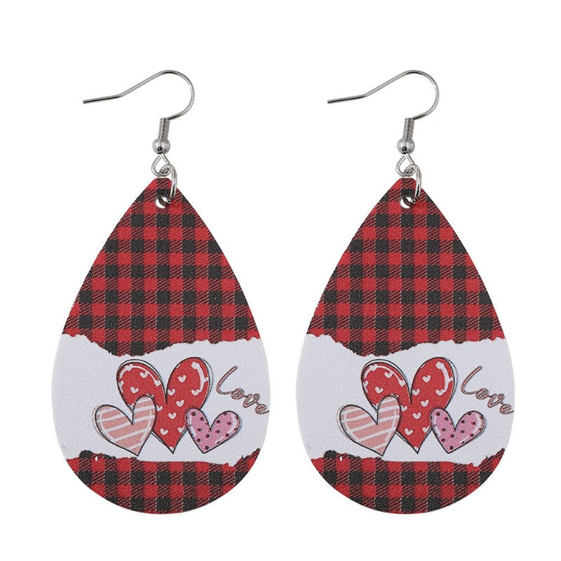 Wholesale Personalized Water Drop Love Grid Double-Sided PU Leather Earrings ACC-ES-ChuLian121
