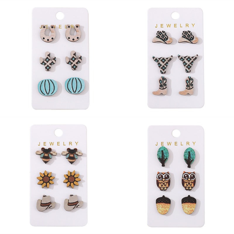 Wholesale Western Ethnic Style Bull Head Boots Earrings Set Wooden Earrings ACC-ES-ChuLian103