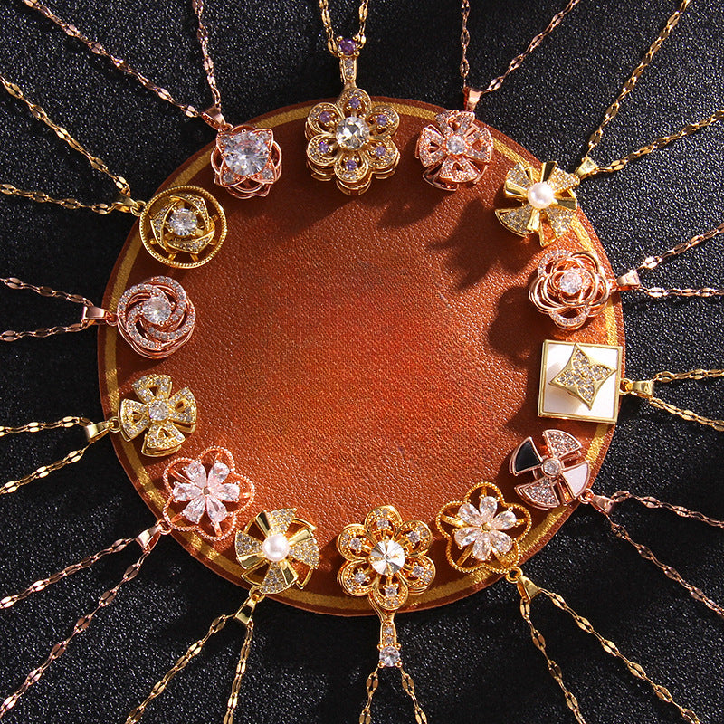 Wholesale Zircon Rotating Four Leaf Clover Flower Pendant Titanium Steel Necklace ACC-NE-Rongc006