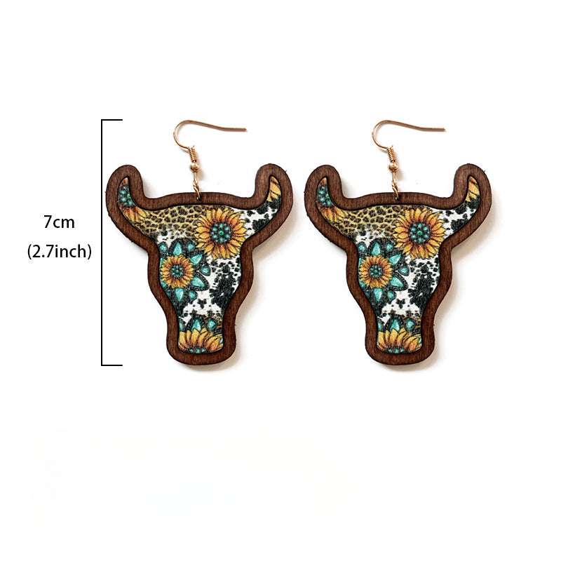 Wholesale Western Style Aztec Sunflower Bull Head Wooden Earrings ACC-ES-XinChuan016