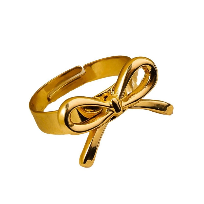 Wholesale Ribbon Knot Heart Shape 18K Real Gold Adjustable Ring ACC-RS-RuiX001