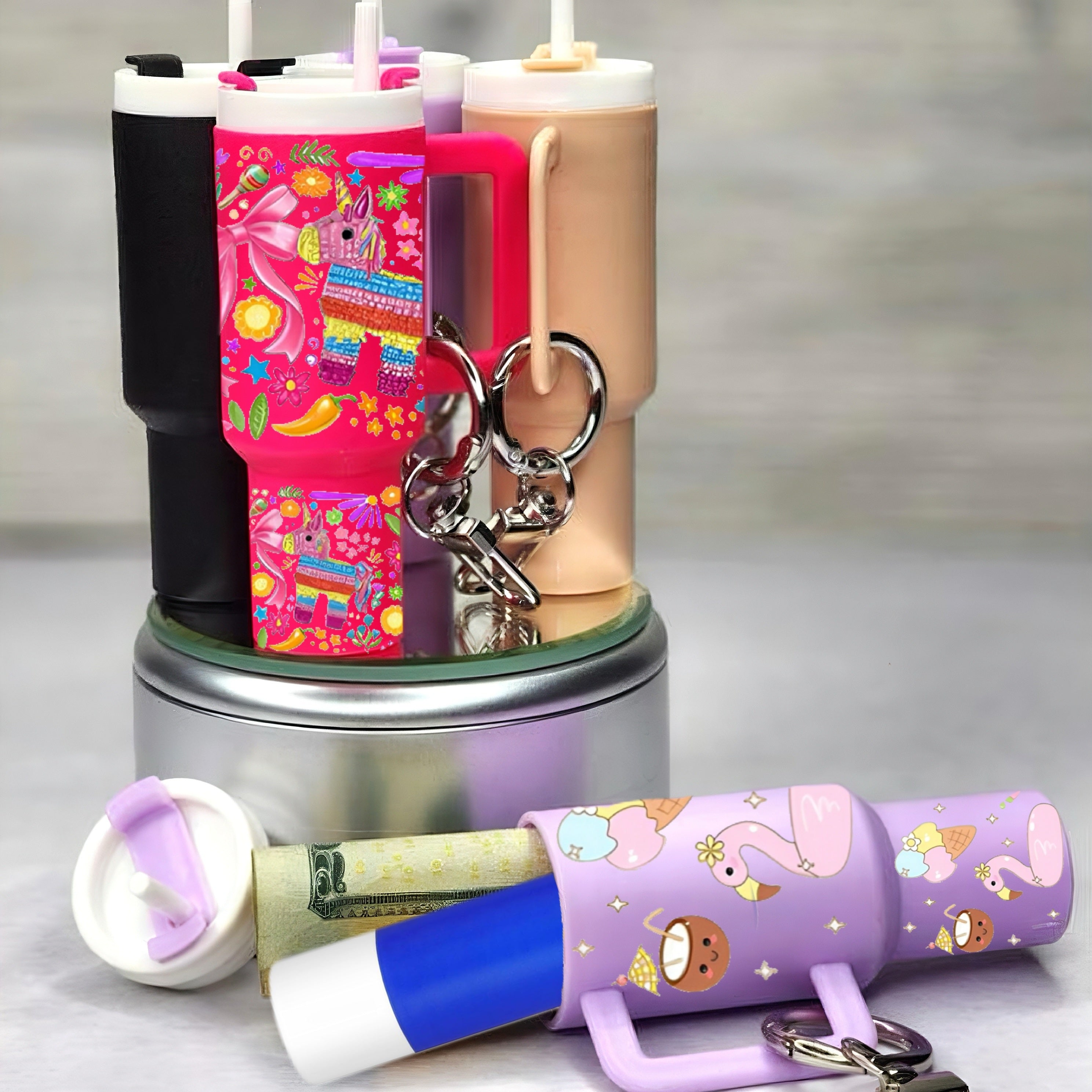 7pcs UV DTF Mini Tumbler Cup Keychain Wraps Lip Balm Holder, Flower Summer UV DTF Wraps Rub on Transfer Stickers for Women Cup Keychains Accessories, Cute Charms for Handbags and Backpack DIY Gift Cup Sticker Gift