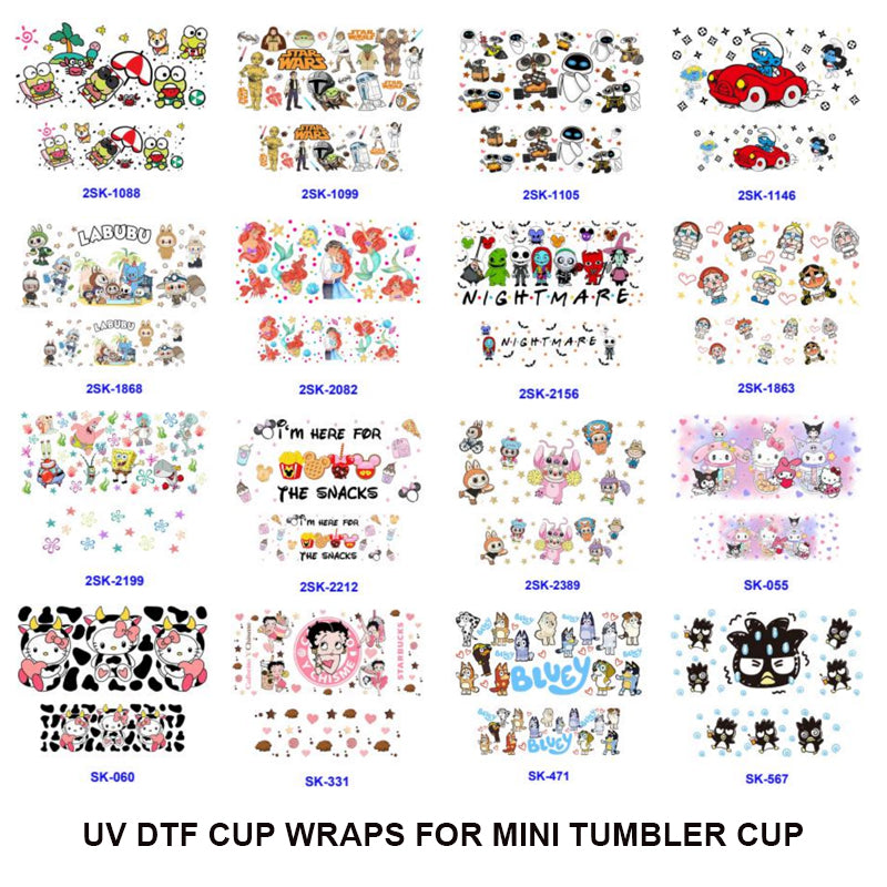 Wholesale Mix 16pcs Cartoon UV DTF Cup Wraps for Mini Tumbler Cup Keychains Accessories DIY Gift Cup Sticker Gift ACC-UDW-OSM019