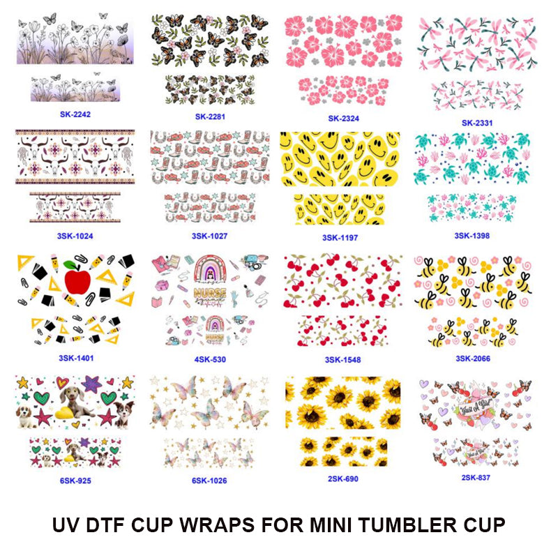 Wholesale Mix 16pcs Cartoon UV DTF Cup Wraps for Mini Tumbler Cup Keychains Accessories DIY Gift Cup Sticker Gift ACC-UDW-OSM019