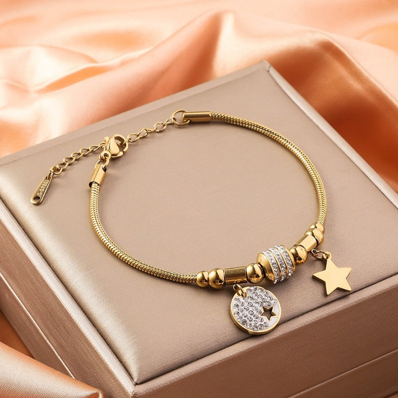 Wholesale Stainless Steel Double Layer 18K Gold Five Leaf Clover Bracelet ACC-BT-RuiX007