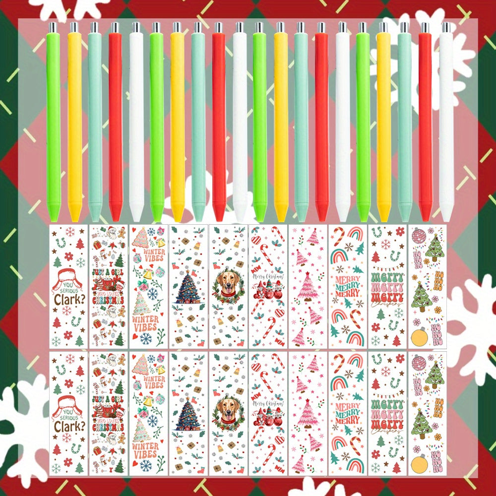 Wholesale 20pcs/40pcs Christmas UV DTF Pen Wraps & Pen Sets, Christmas Sticker Ballpoint Pens Santa Snowman Tree Xmas Writing Pens for Christmas Party Gift Office School Supplies