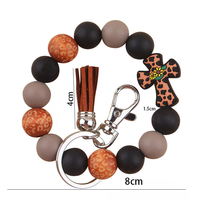 Wholesale New Silicone Beaded Keychain Pendant Leather Small Tassel Print Leopard Print Wooden Bead Bracelet Keychain Accessories ACC-KC-GuangTian036
