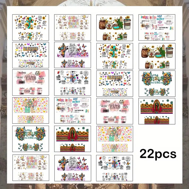 11pcs/22pcs Religious Inspirational Bible Phrases UV DTF Wraps Rub on Transfer Stickers for Mini Tumbler Cup Keychains Accessories DIY Gift Cup Sticker Gift