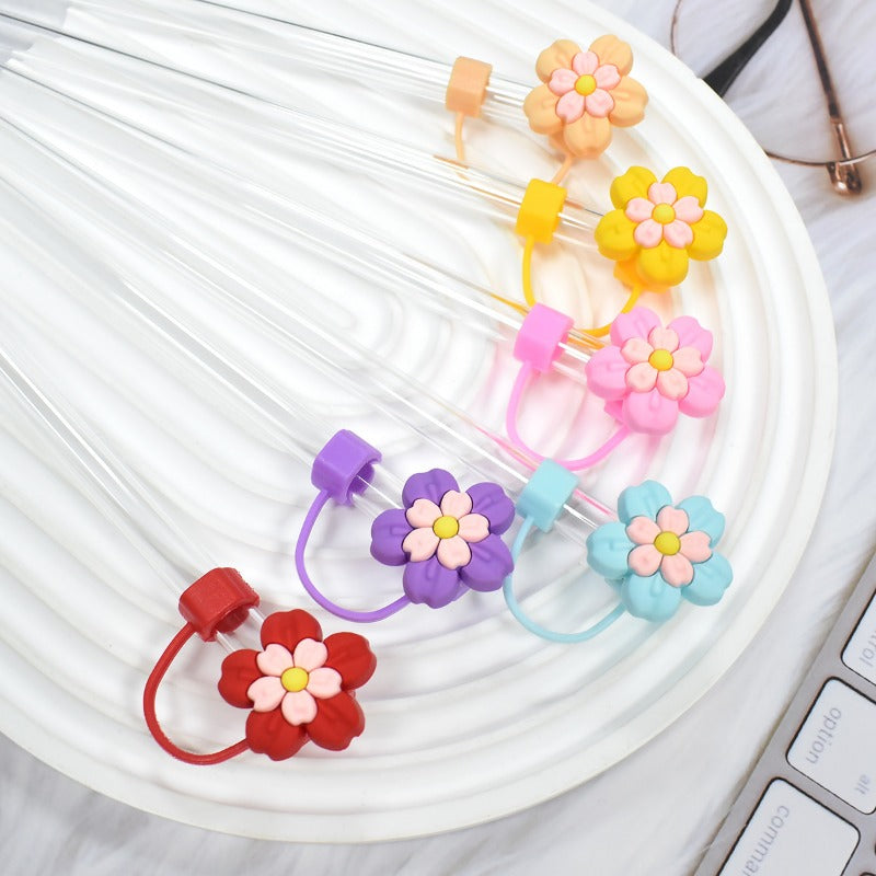 Wholesale Random 100pcs Colorful Flowers 10mm PVC Soft Straw Tube Cap ACC-SCR-RYY142