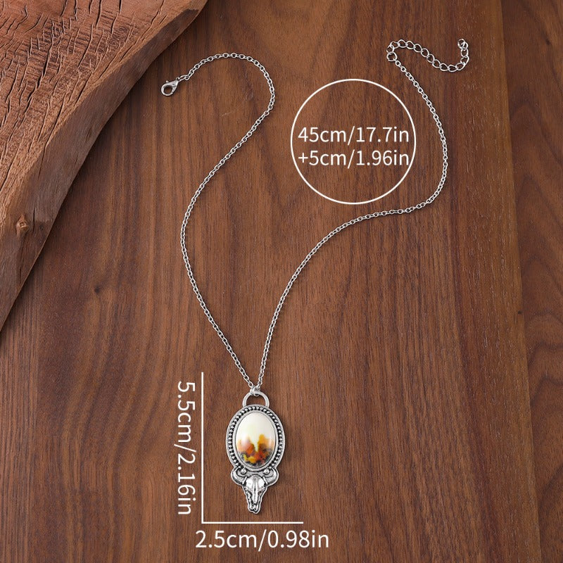 Wholesale Western Style Bull Head Flower Oval Pendant Necklace ACC-NE-zhiyu001