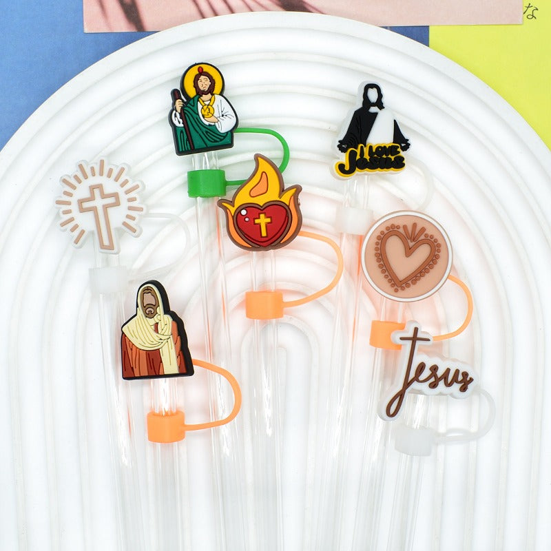 Wholesale Random 100pcs Bible Series 10mm PVC Soft Straw Tube Cap ACC-SCR-RYY154