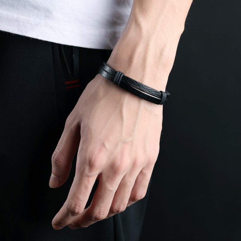 Wholesale Fashion Black Stainless Steel Men's Leather Bracelets ACC-BT-OPK005