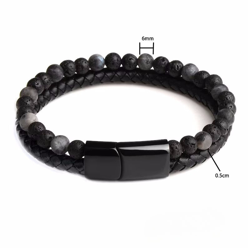 Wholesale Alloy Leather Rope Natural Stone Bracelet Double Layer Tiger Eye Stone Volcanic Stone Beaded Bracelet ACC-BT-YunJin005