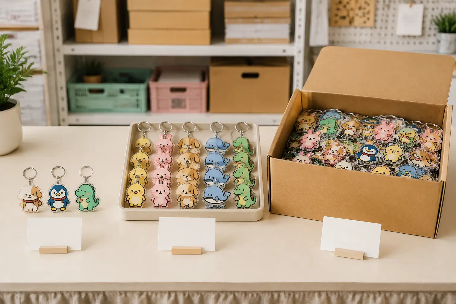 Cartoon keychains bulk order quantity comparison with small medium and large supplier packs