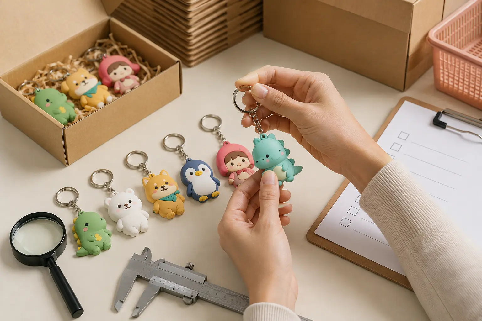 Cartoon keychains bulk quality control inspection before a large wholesale order
