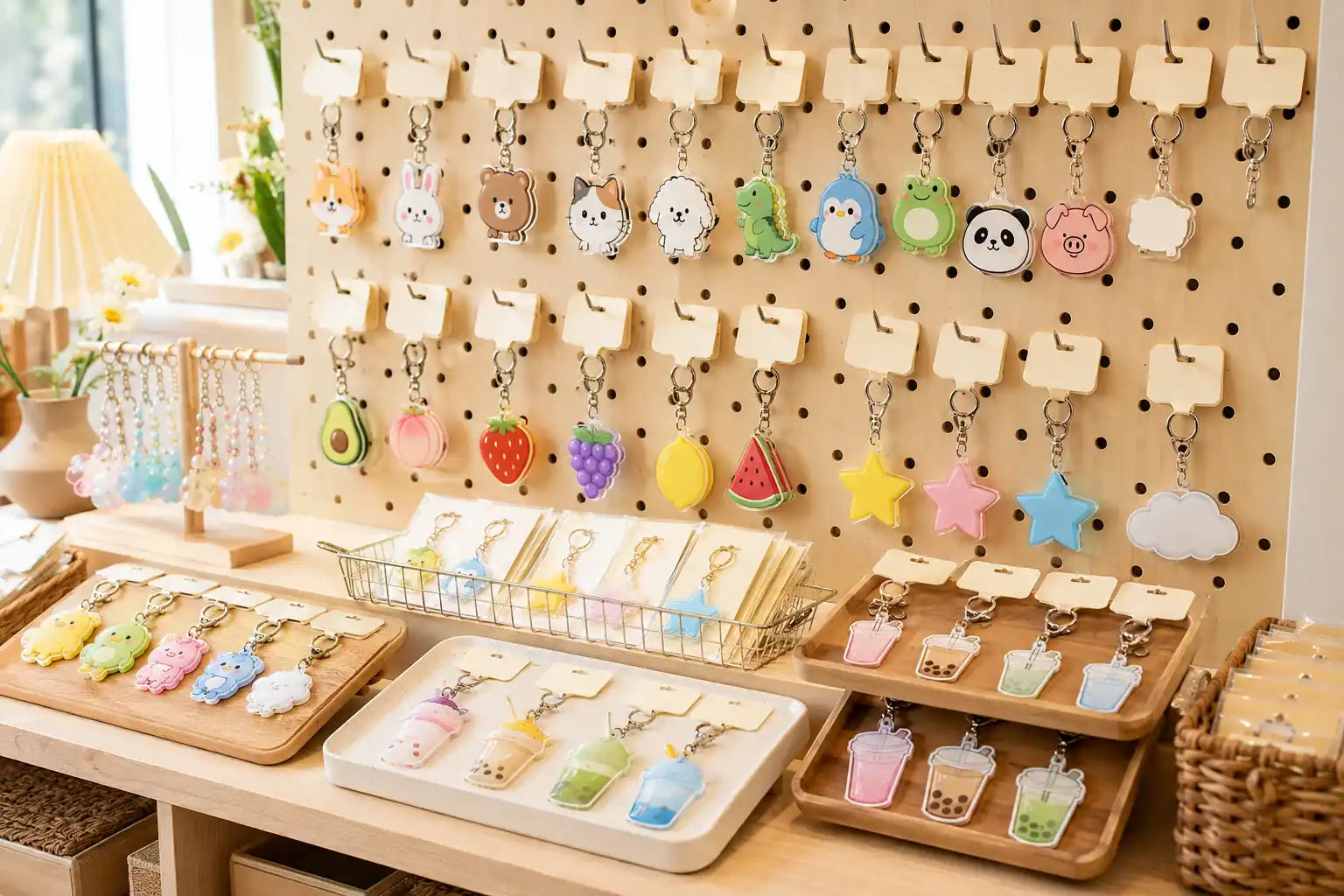 Cartoon keychains displayed for resale in a small gift and accessories store