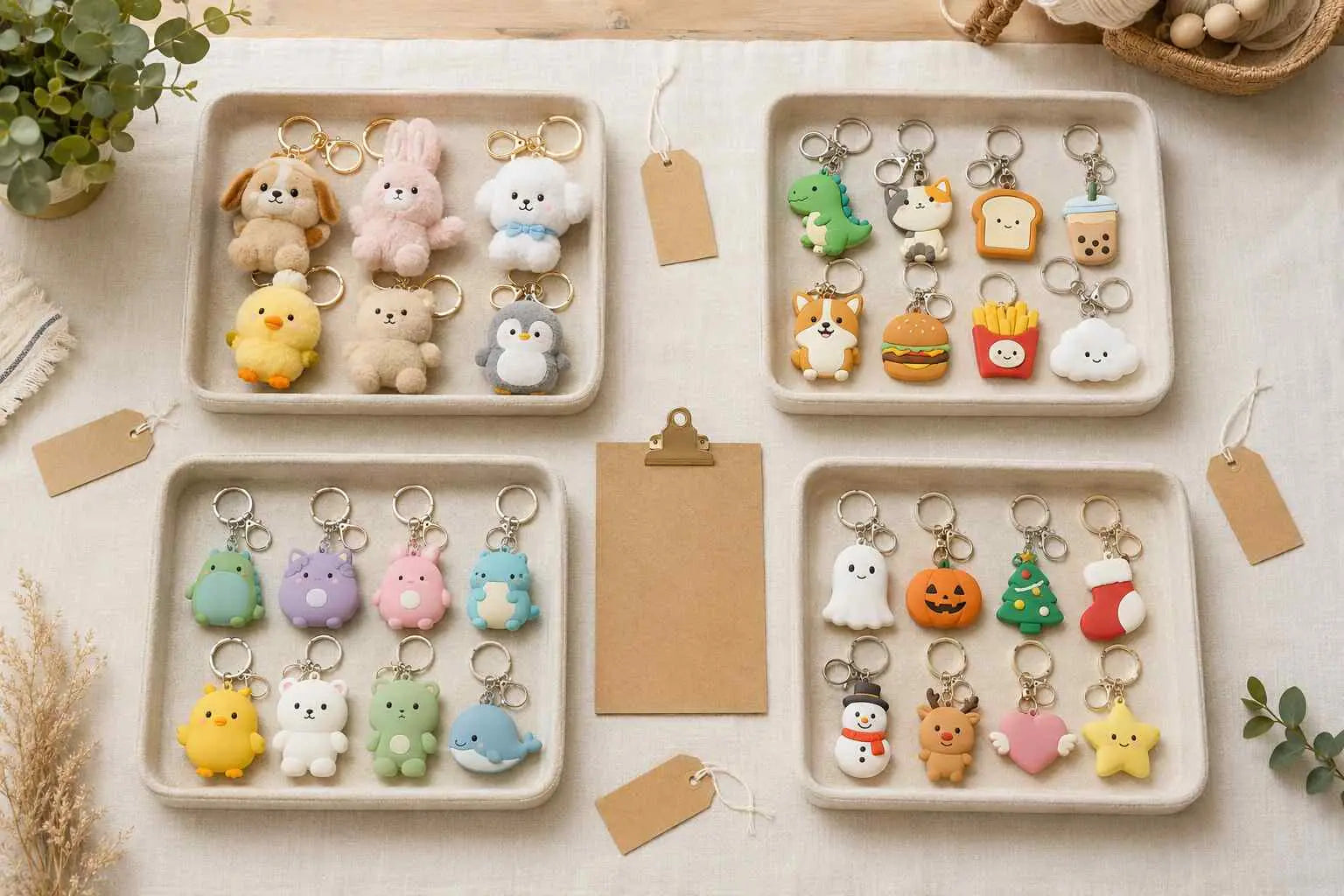 Cartoon keychains retail trend test comparing plush PVC silicone and seasonal assortments