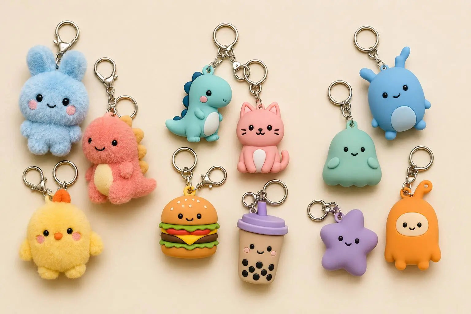 Cartoon keychains wholesale materials comparison of plush PVC and silicone designs