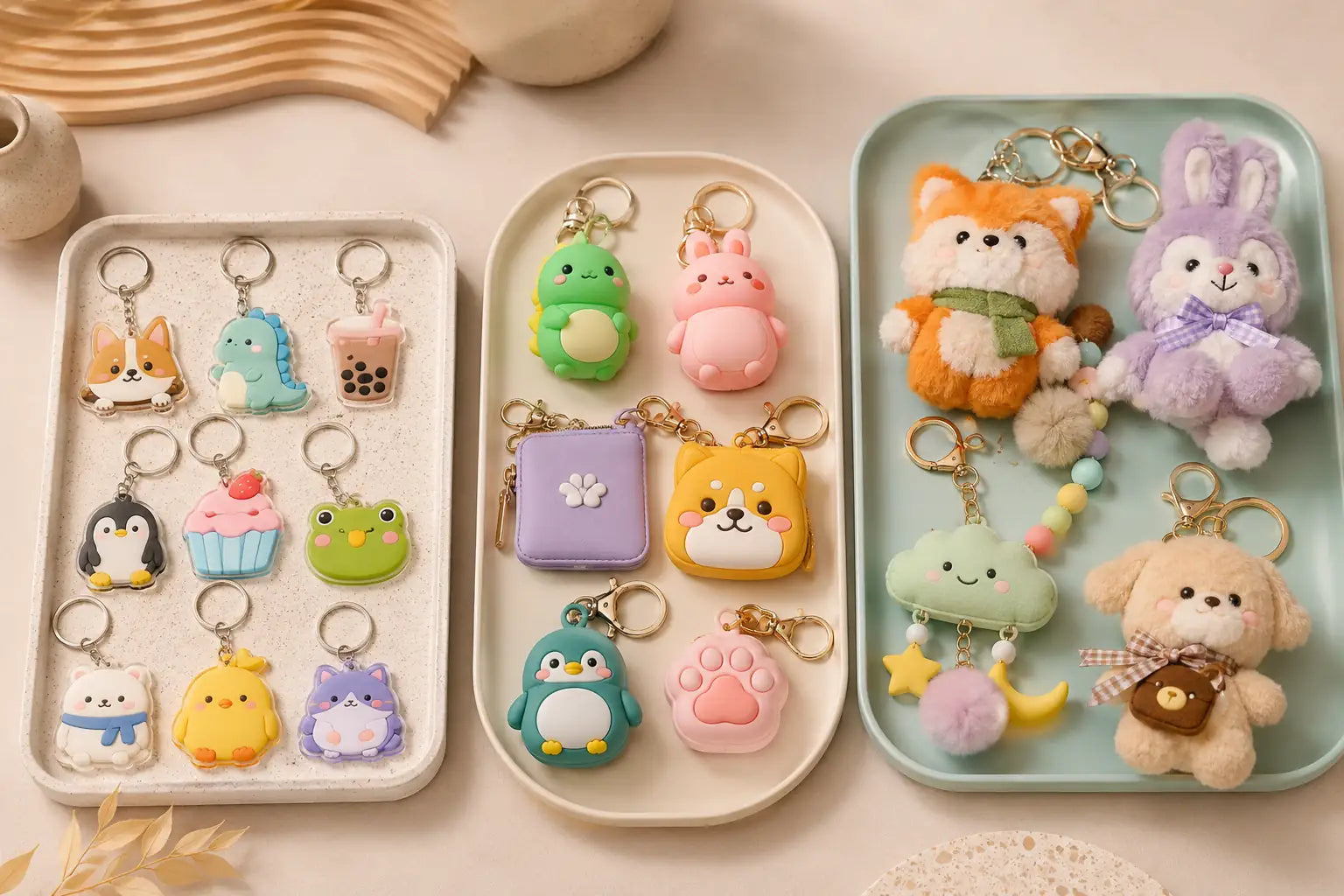 cartoon keychains wholesale price tiers with PVC silicone plush and wallet options