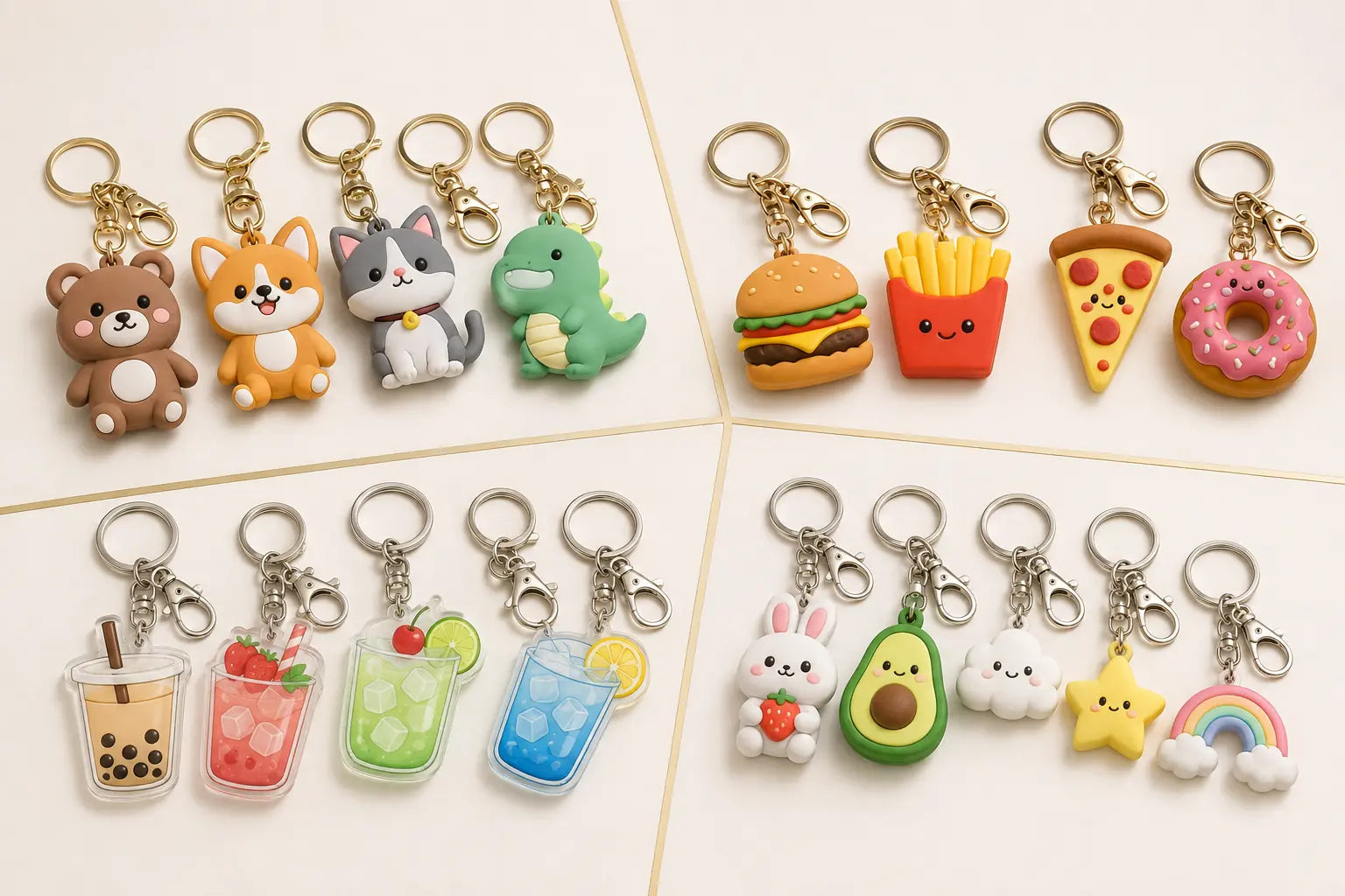 Cartoon keychains wholesale product examples in PVC silicone acrylic and cute styles