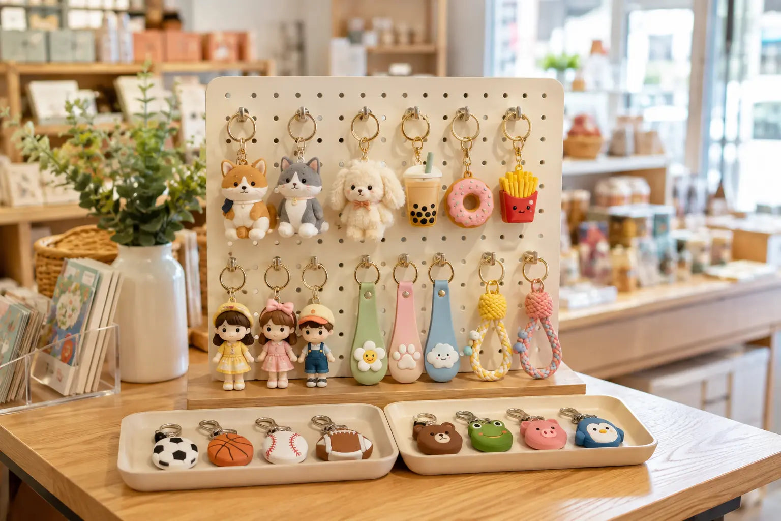 cartoon keychains wholesale retail display with animal food doll and sports bag charms