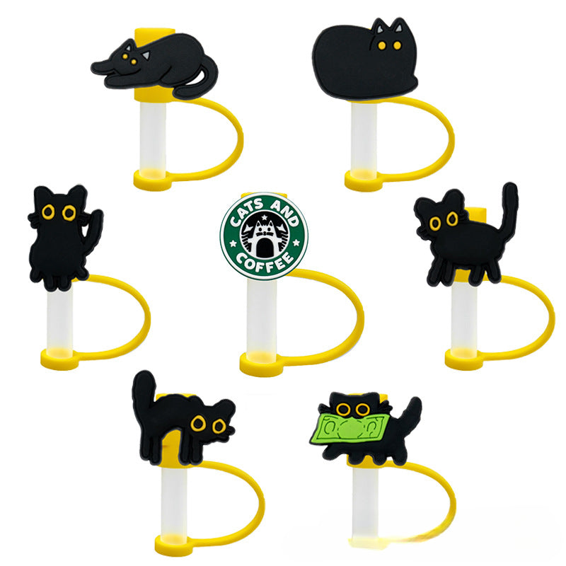 Wholesale 50 Pcs Cute Cartoon Black Cat Straw Cover Silicone Straw Covers ACC-SCR-KuaJi005