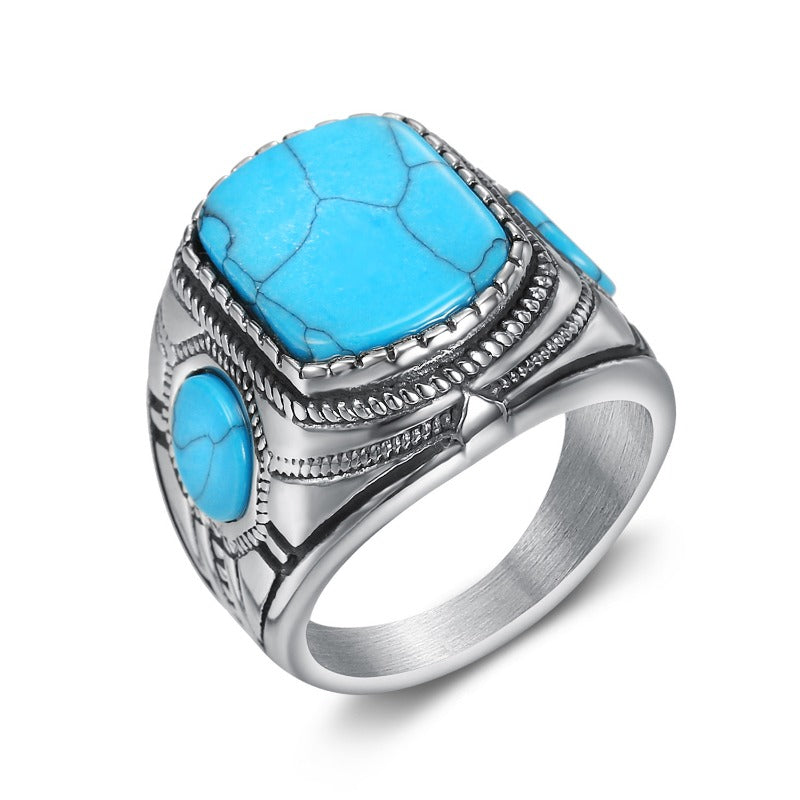 Wholesale Stainless Steel Vintage Three Sided Blue Turquoise Men's Gemstone Ring ACC-RS-Moer015