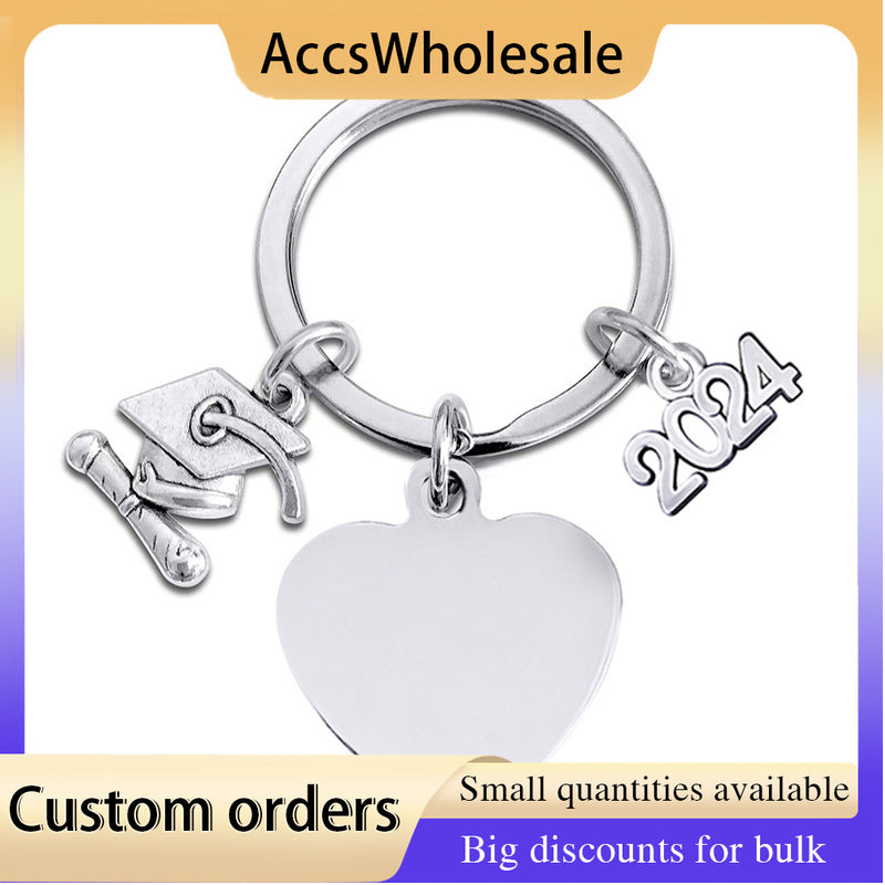 Custom Keychains with Laser Engraved Text or Logo - Graduation Heart Shaped Round Metal Keychain