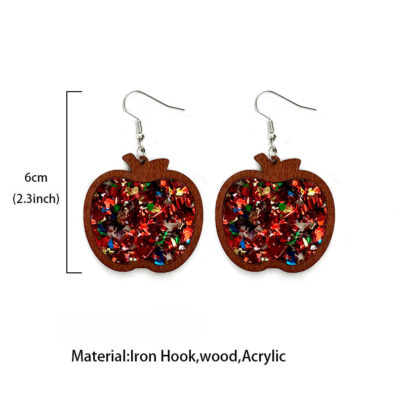 Wholesale Wood Frame Inlaid Acrylic Glitter Apple Earrings ACC-ES-XinChuan054