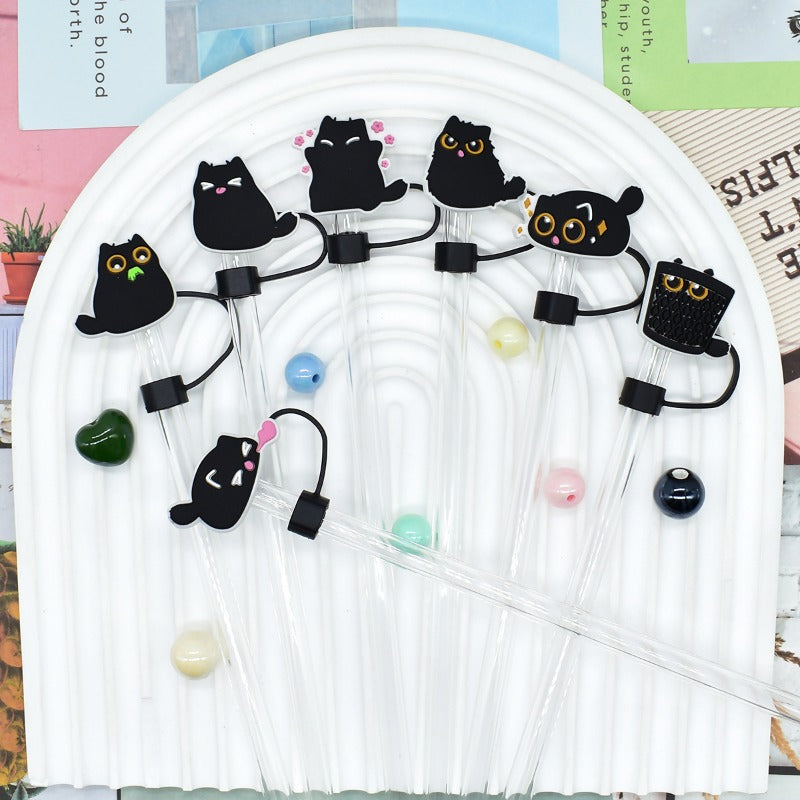 Wholesale Random 100pcs Cartoon Black Cat 10mm PVC Soft Straw Tube Cap ACC-SCR-RYY118