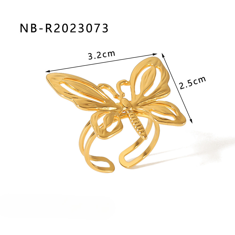 Wholesale Golden Flower Butterfly Stainless Steel 18k Gold Plated Turquoise Open Ring ACC-RS-Xiny003