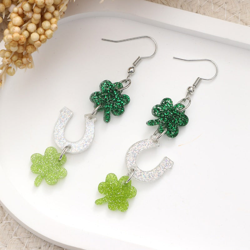 Wholesale St. Patrick's Day Green Sequin Clover Acrylic Earrings ACC-ES-YiTian028