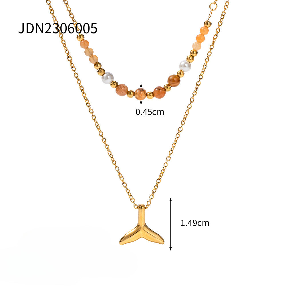 Wholesale 18k Gold Stainless Steel Double Layer Fishtail Pendant Necklace Titanium Steel ACC-NE-JieDing001