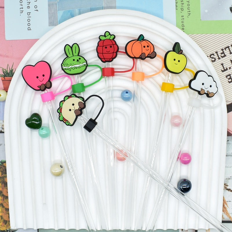 Wholesale Random 100pcs Cartoon Cute Vegetables 10mm PVC Soft Straw Tube Cap ACC-SCR-RYY123