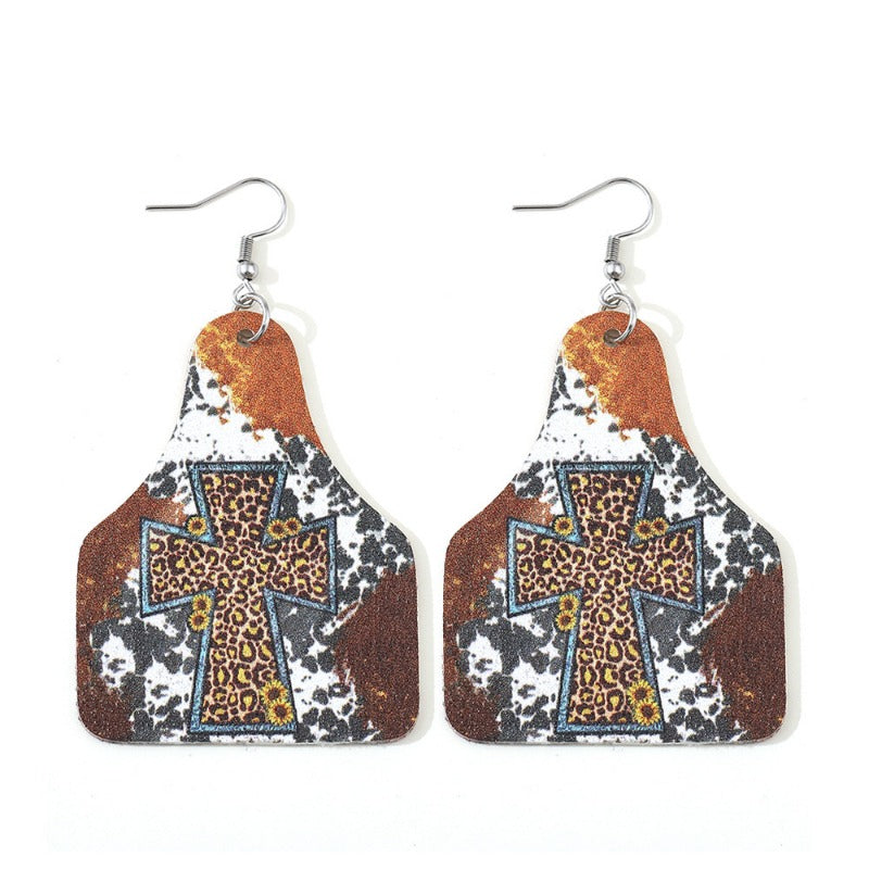 Wholesale Western Style Leopard Cow Pattern Sunflower Cross Leather Earrings ACC-ES-ChuLian138