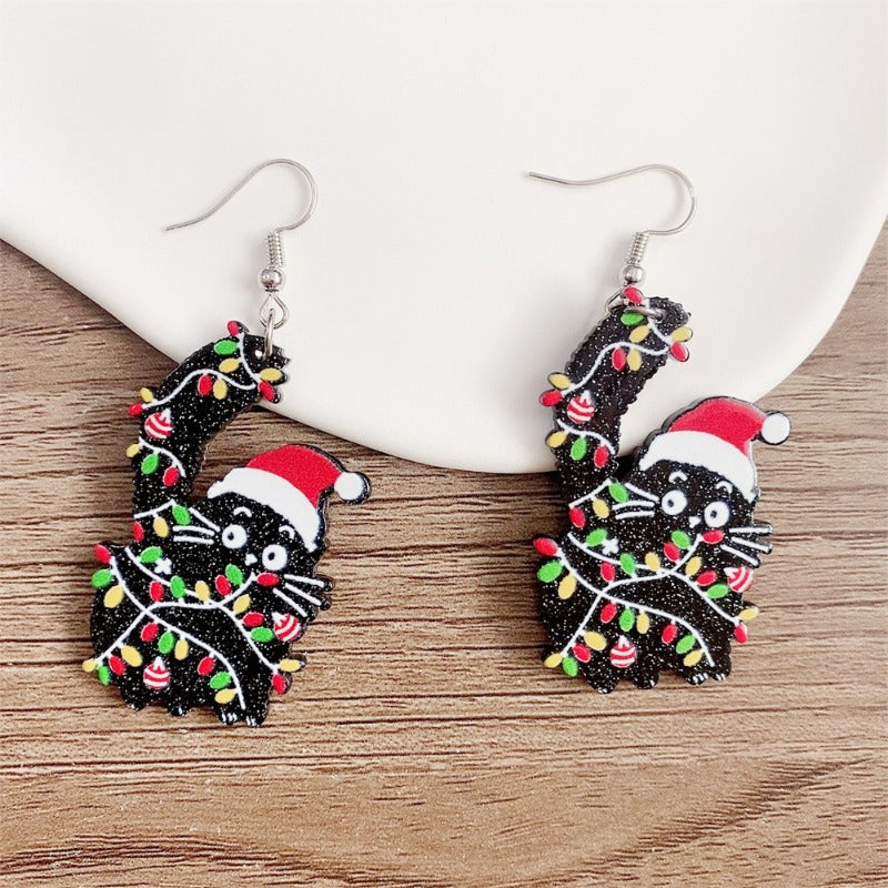 Wholesale Christmas New Acrylic Glitter Cartoon Black Cat Santa Claus Red Hat Earrings ACC-ES-Hongw001