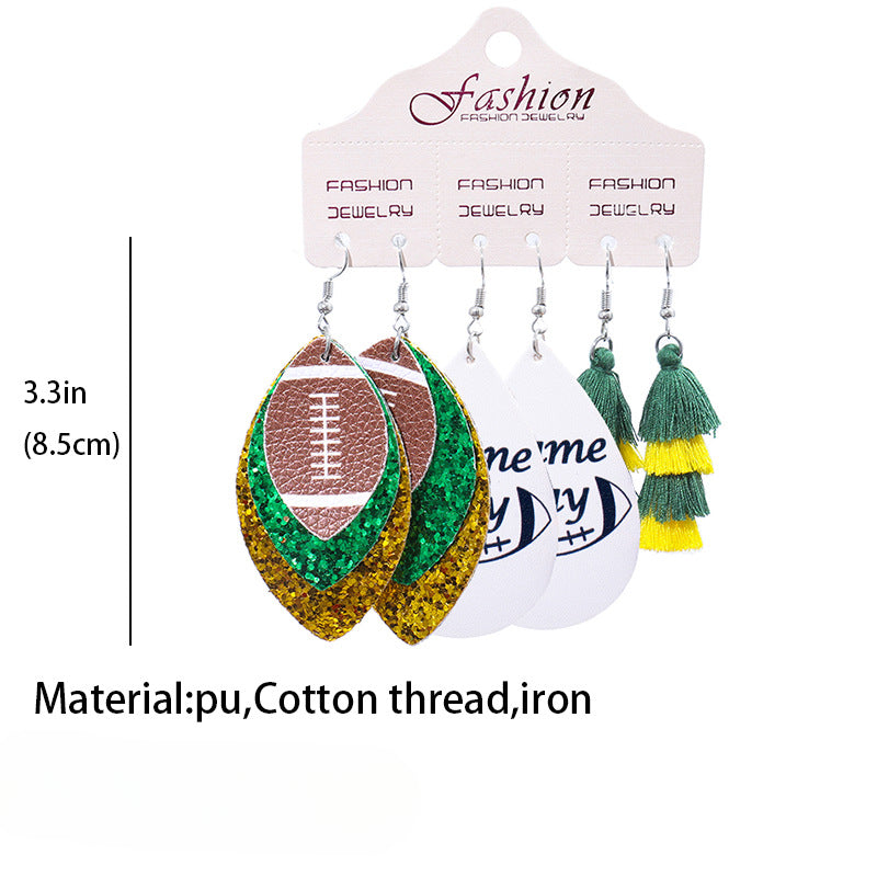 Wholesale 2 Sets Christmas Independence Day Football Rugby Softball Multi-layer Tassel Cheerleading PU Leather Earrings Set ACC-ES-HY128