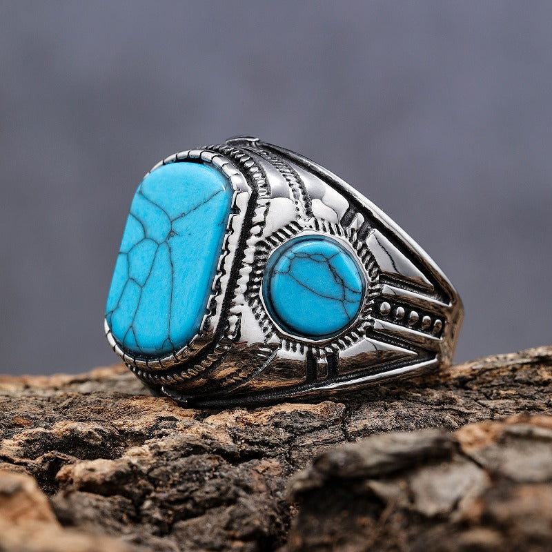 Wholesale Stainless Steel Vintage Three Sided Blue Turquoise Men's Gemstone Ring ACC-RS-Moer015