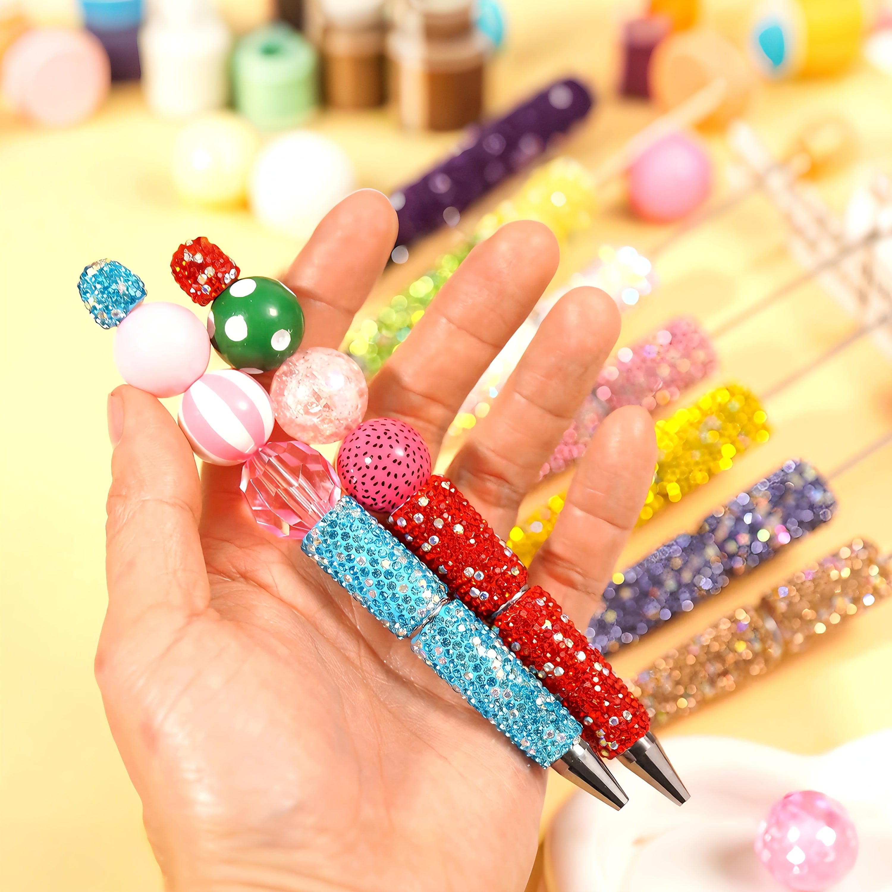 10pcs Glitter Beadable Pen Full Rhinestone Beadable Pen Shiny Fancy Pens for Beads Cute Journalling DIY Beaded Pen for Women Fun Bling Ballpoint Pens Back to School DIY Trendy Stuff
