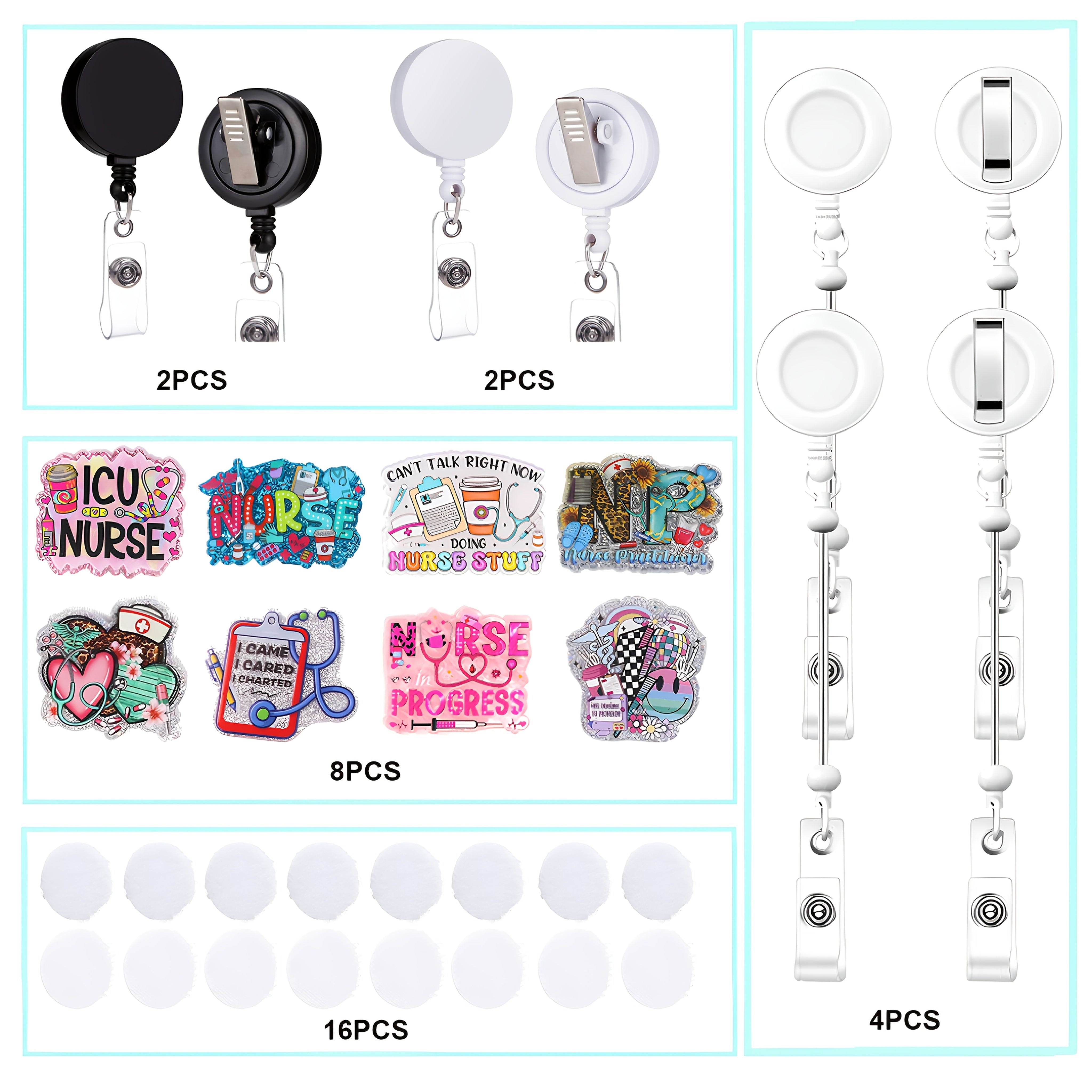 Wholesale 32pcs Nurse Style Acrylic Flatback DIY Beadable Badge Reels Retractable Keychain kits DIY Beaded Gift for Friends Nurses, Offices as Gifts