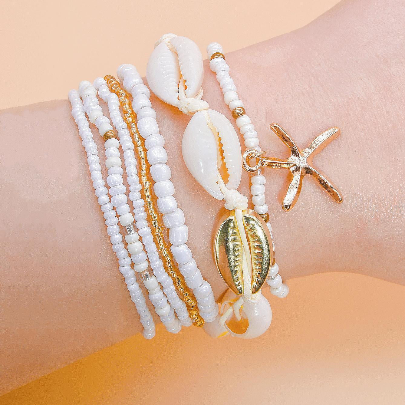 Wholesale Bohemian Beach Style Bracelet Set Summer Dopamine Starfish Rice Beads Shell Bracelet Six-piece Set ACC-BT-Yeb003